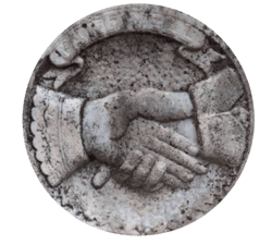 Man and Woman Shaking Hands with One Pointing Gravestone Symbol