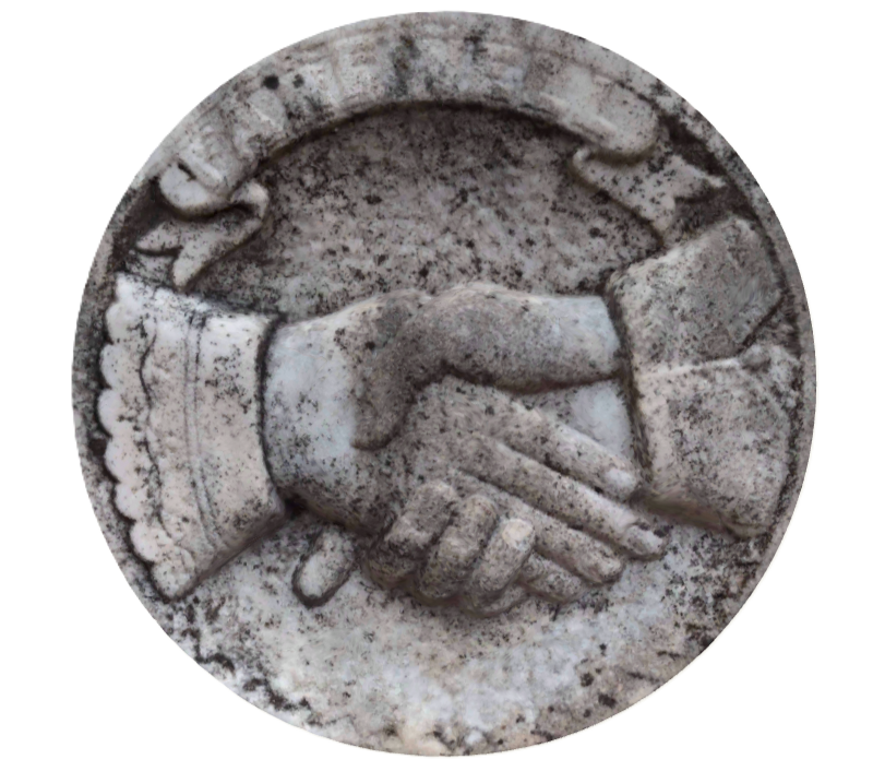 Man and Woman Shaking Hands with One Pointing Gravestone Symbol