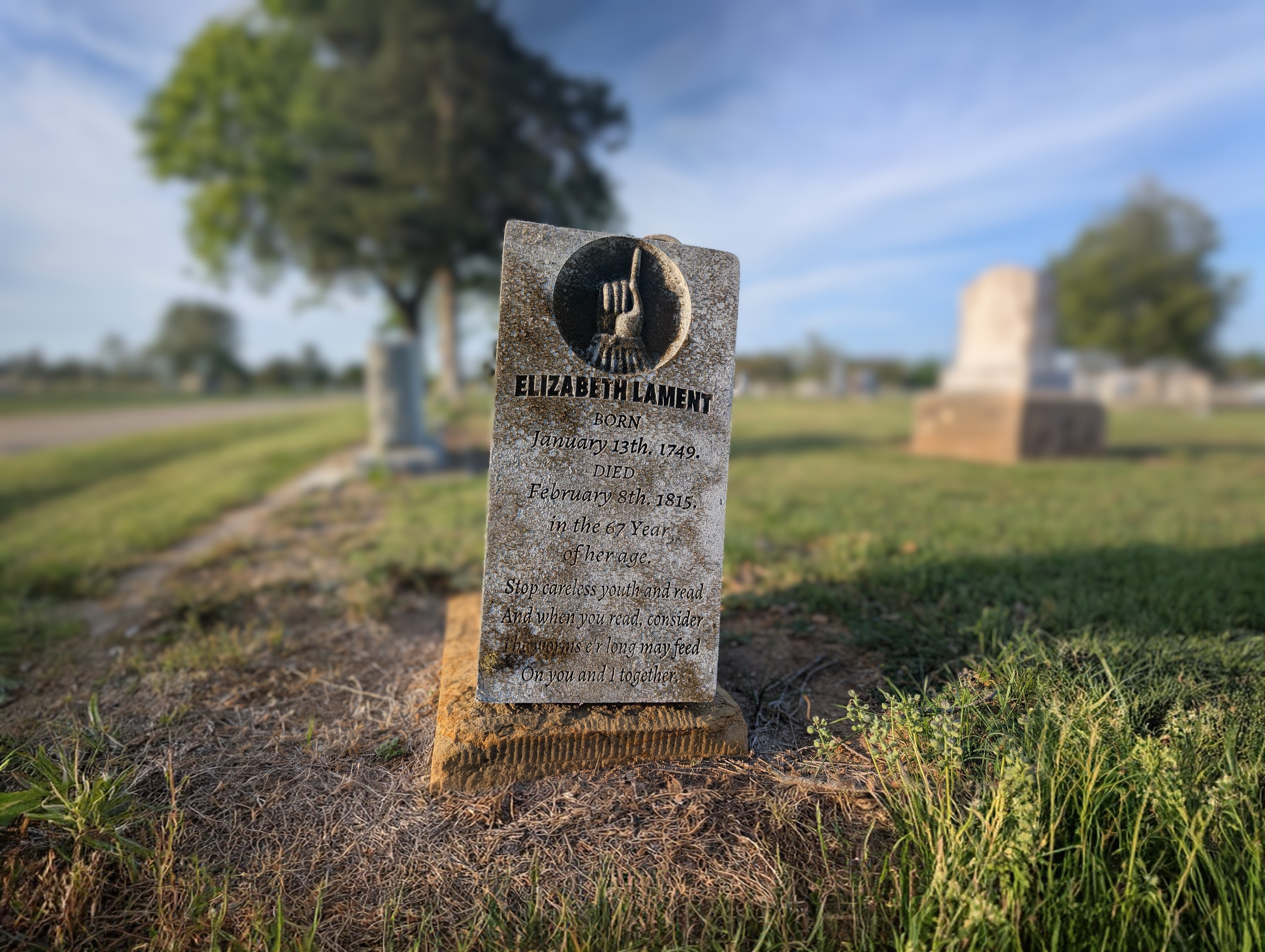 Elizabeth Lament Pointing Up Gravestone